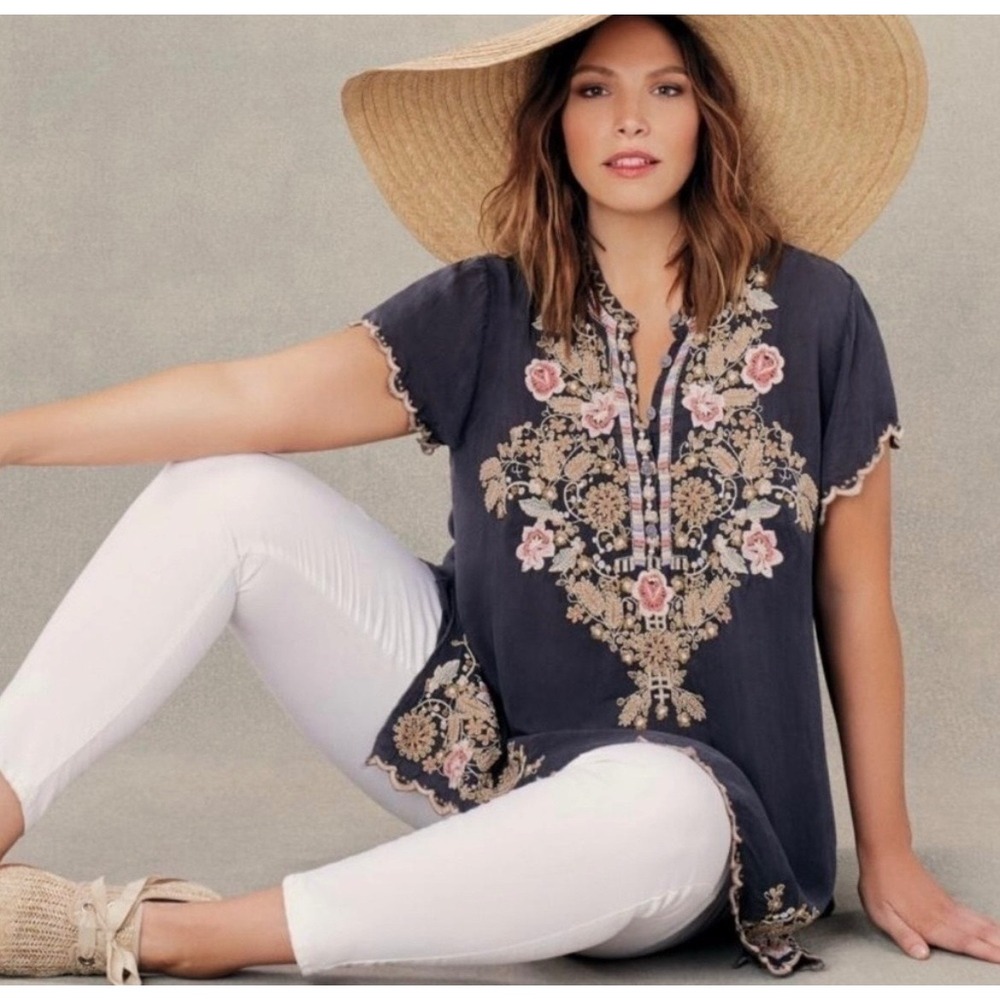 Johnny Was Talum Shark Bite Top Embroidered Boho Cupra Rayon Blouse Navy XS